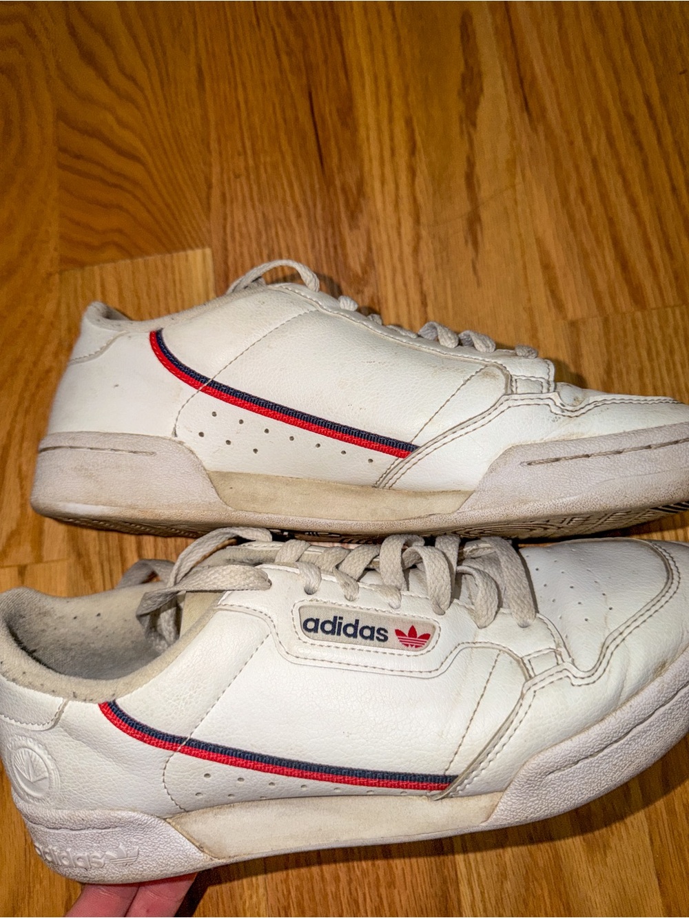 adidas White Leather Sneakers with Red & Blue Stripe
